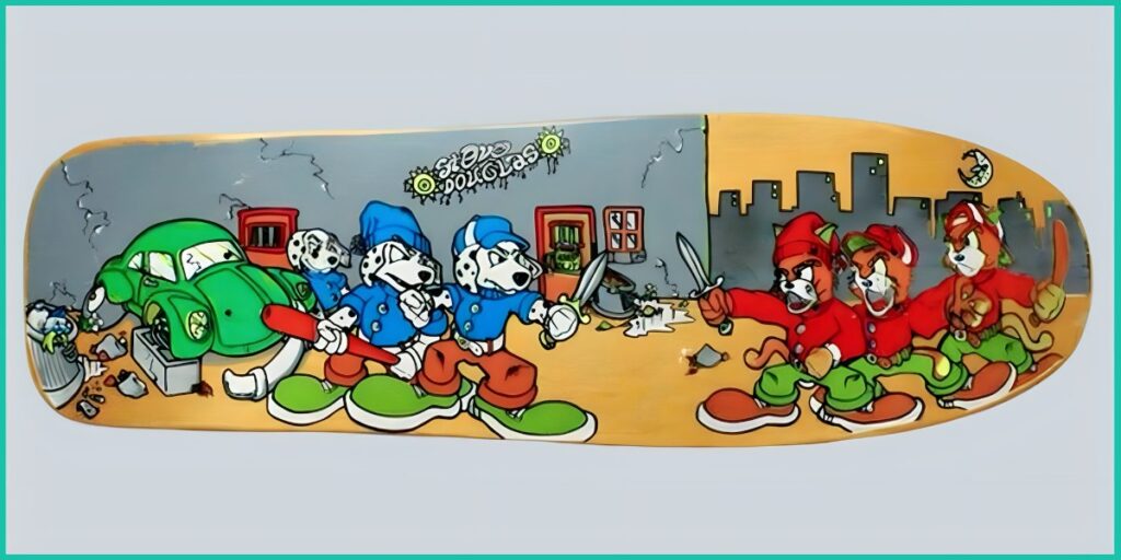 Cat and Dog Fight skateboard deck, by New Deal.