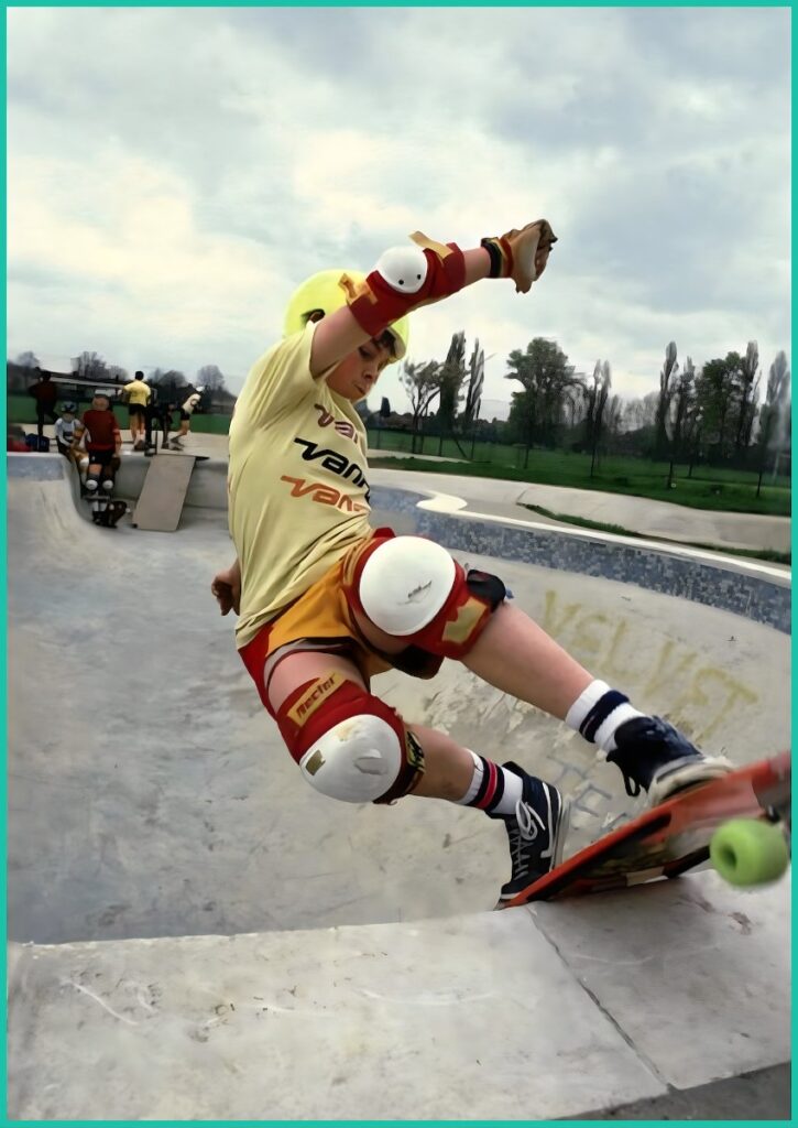 A young Steve Douglas skateboarding in a pool